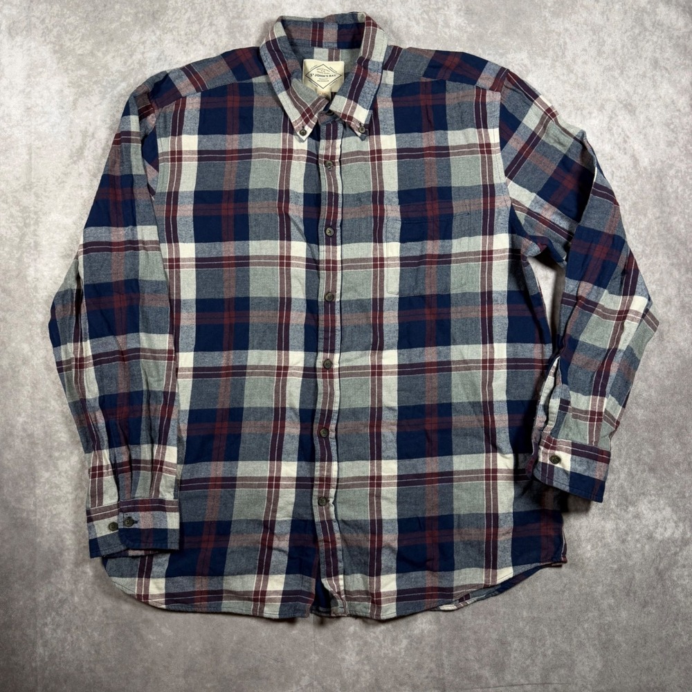 St Johns Bay Mens XL Blue Burgundy Plaid Flannel Button Down Shirt Long Sleeve